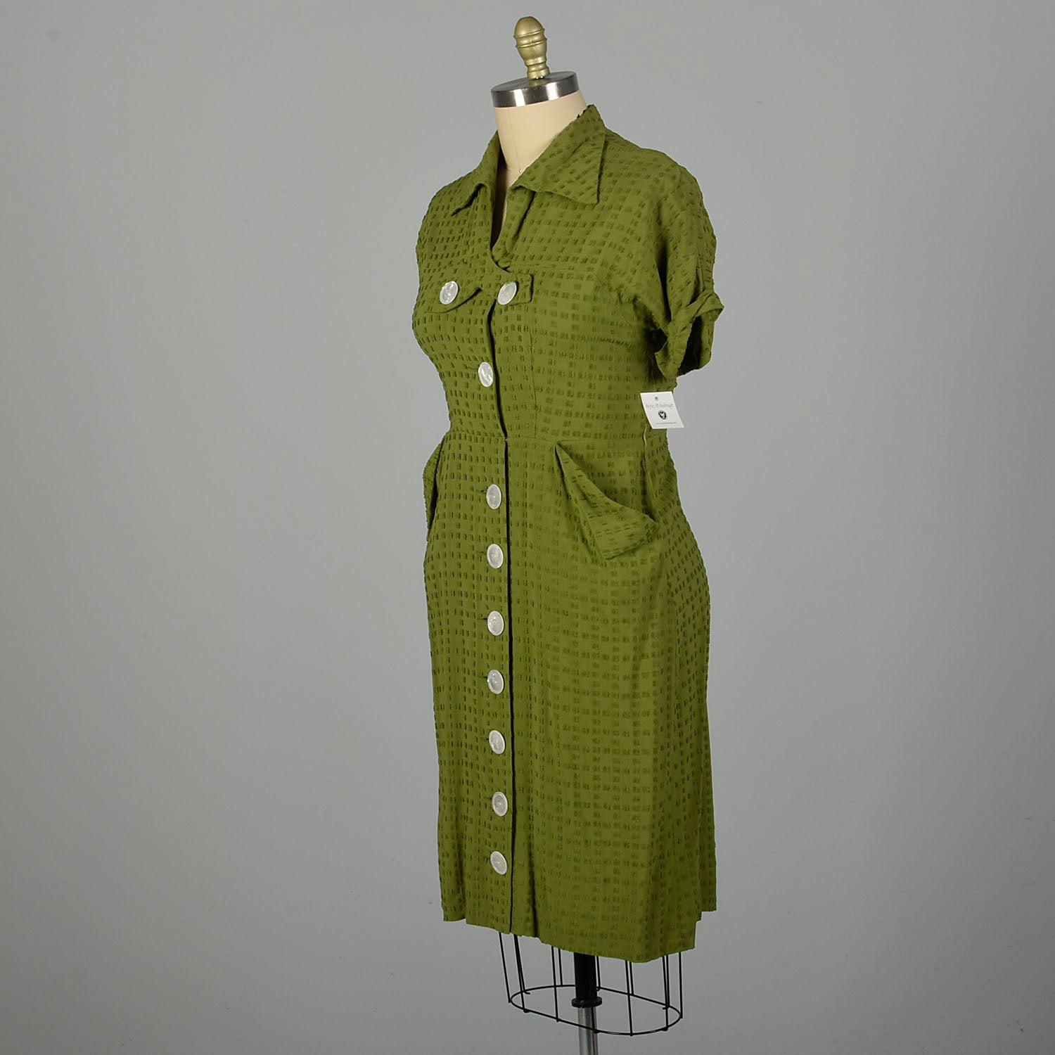 XL 1950s Green Rayon Day Dress Casual Short Sleeve