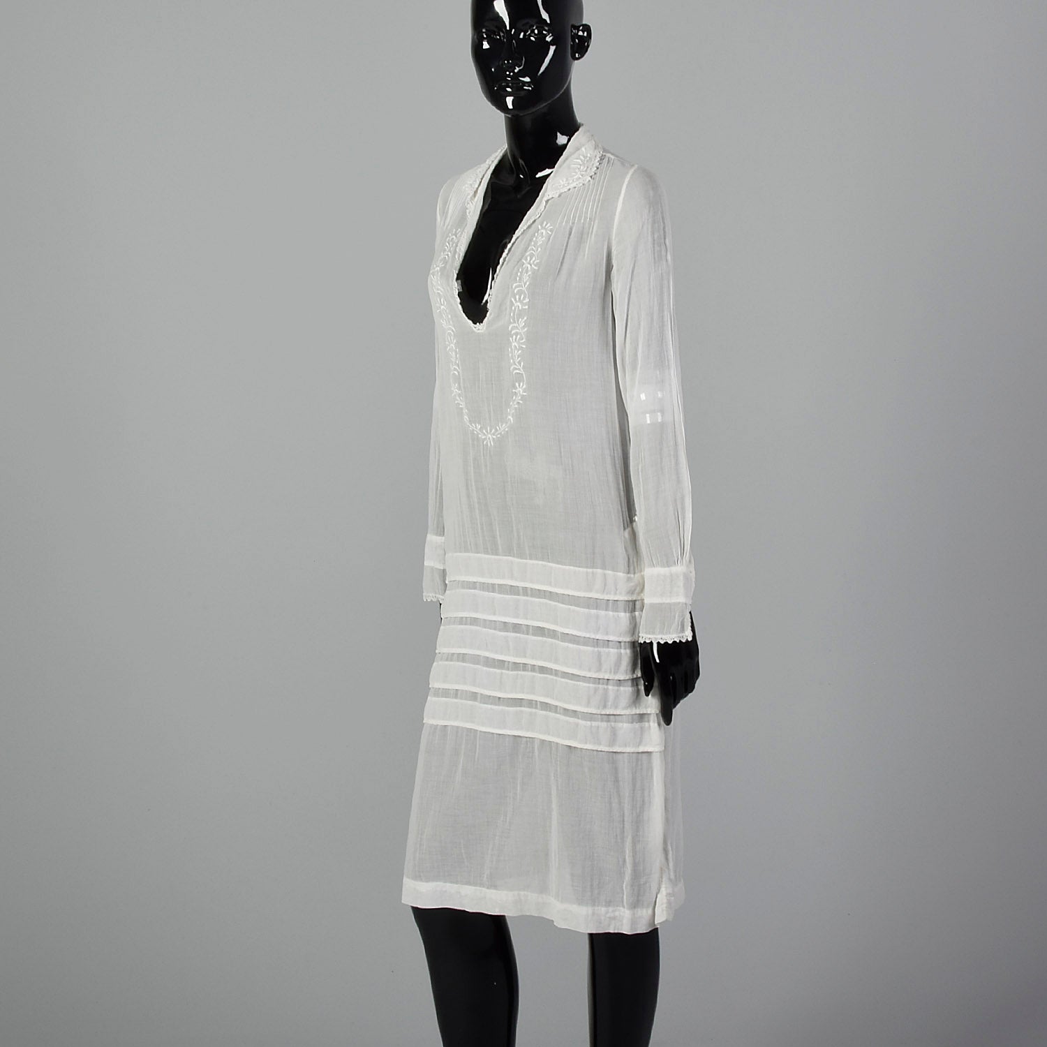 1920s Sheer White Embroidered Cotton Dress