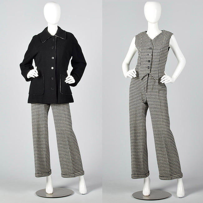 1970s Three Piece Suit Separates in Black & White Houndstooth Tweed