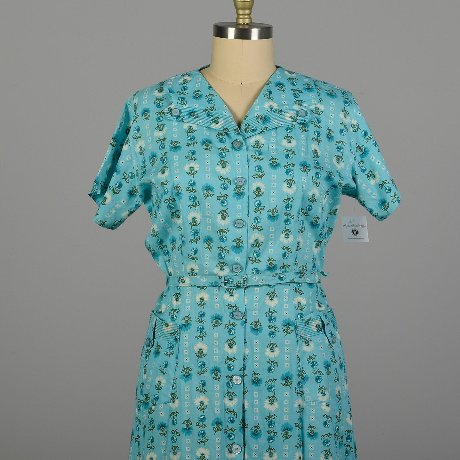 3XL 1950s Day Dress Blue Cotton Summer Novelty Print Volup Short Sleeve Casual