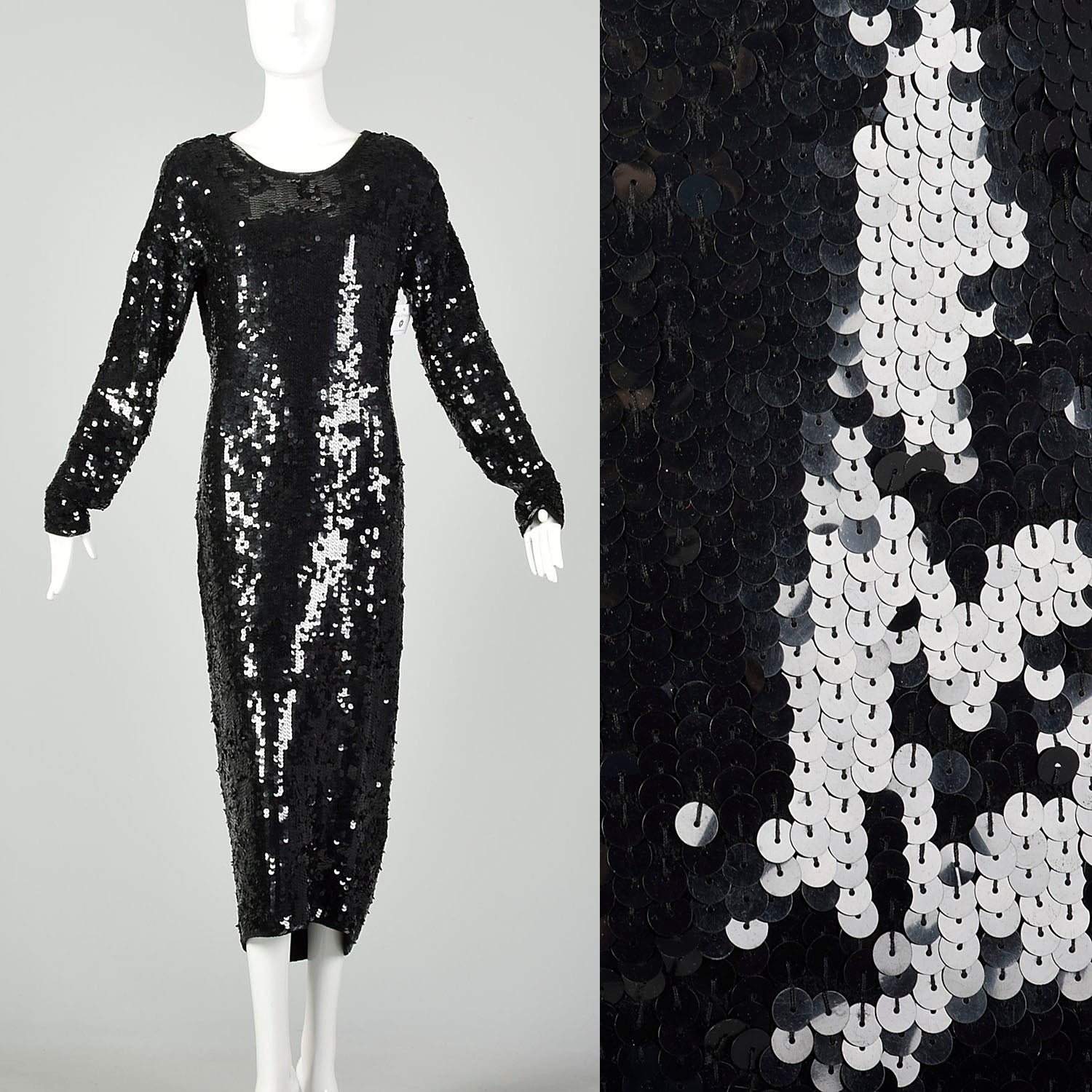 Large Black Sequin Sweater Dress Formal Evening Cocktail Modest Long Sleeve