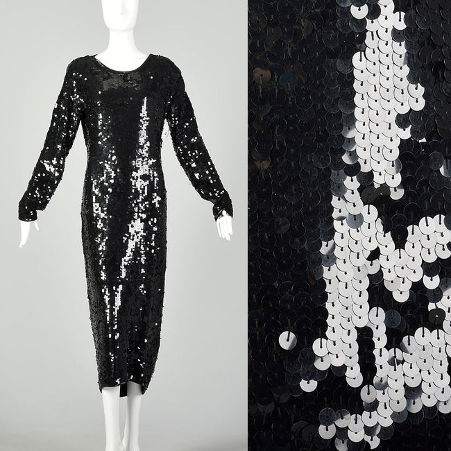 Large Black Sequin Sweater Dress Formal Evening Cocktail Modest Long Sleeve