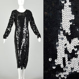 Large Black Sequin Sweater Dress Formal Evening Cocktail Modest Long Sleeve