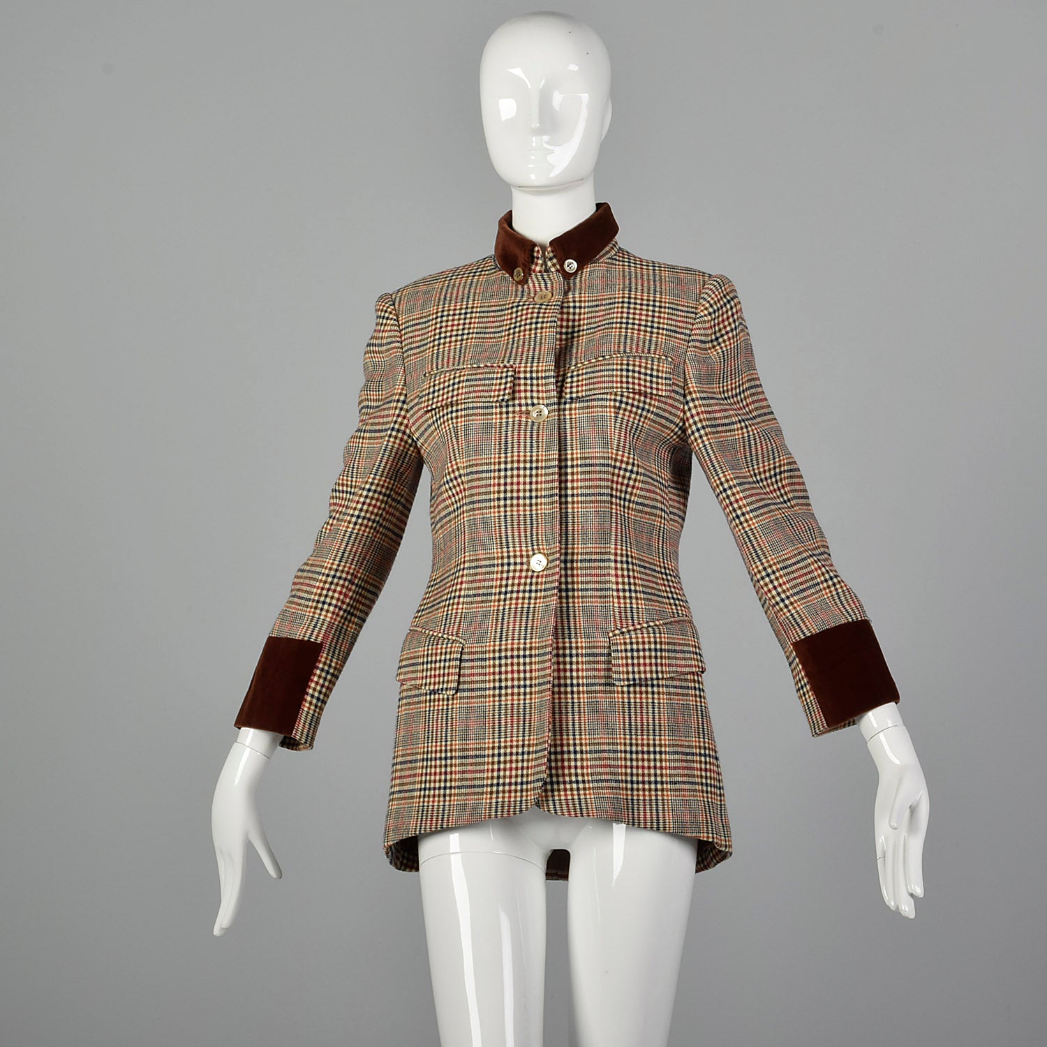 Small Umberto Ginocchietti 1970s Plaid Jacket with Velvet Trim