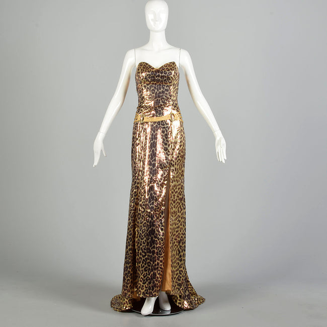 Medium 2000s Strapless Sequin Gown Leopard Evening Dress Goddess Formal Puddle Train