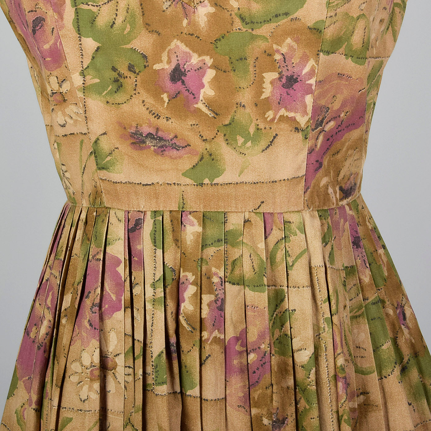 1950s Brown Floral Cotton Day Dress