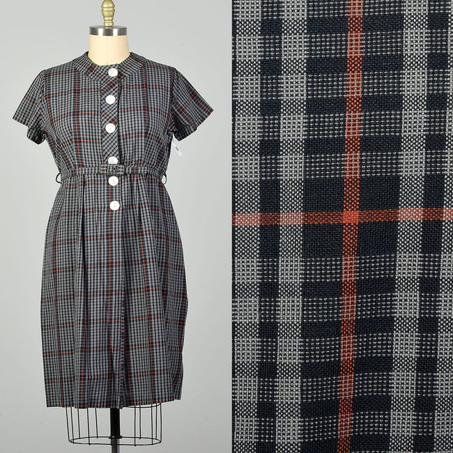 XXL 1950s Gray Cotton Day Dress Plaid Short Sleeves