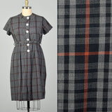 XXL 1950s Gray Cotton Day Dress Plaid Short Sleeves