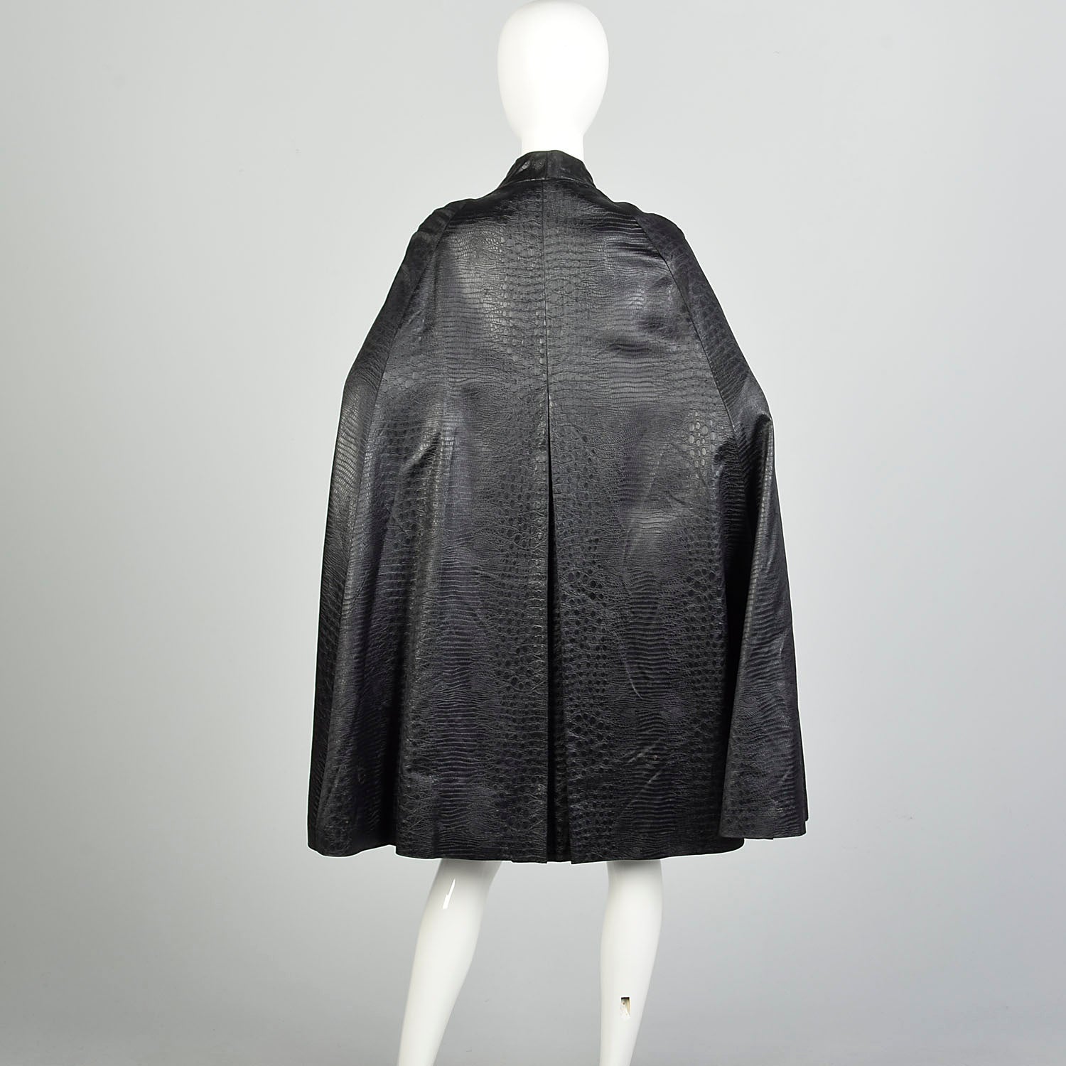 OSFM 1970s Black Animal Print Cape Goth Cloak Attached Neck Tie Vegan Leather
