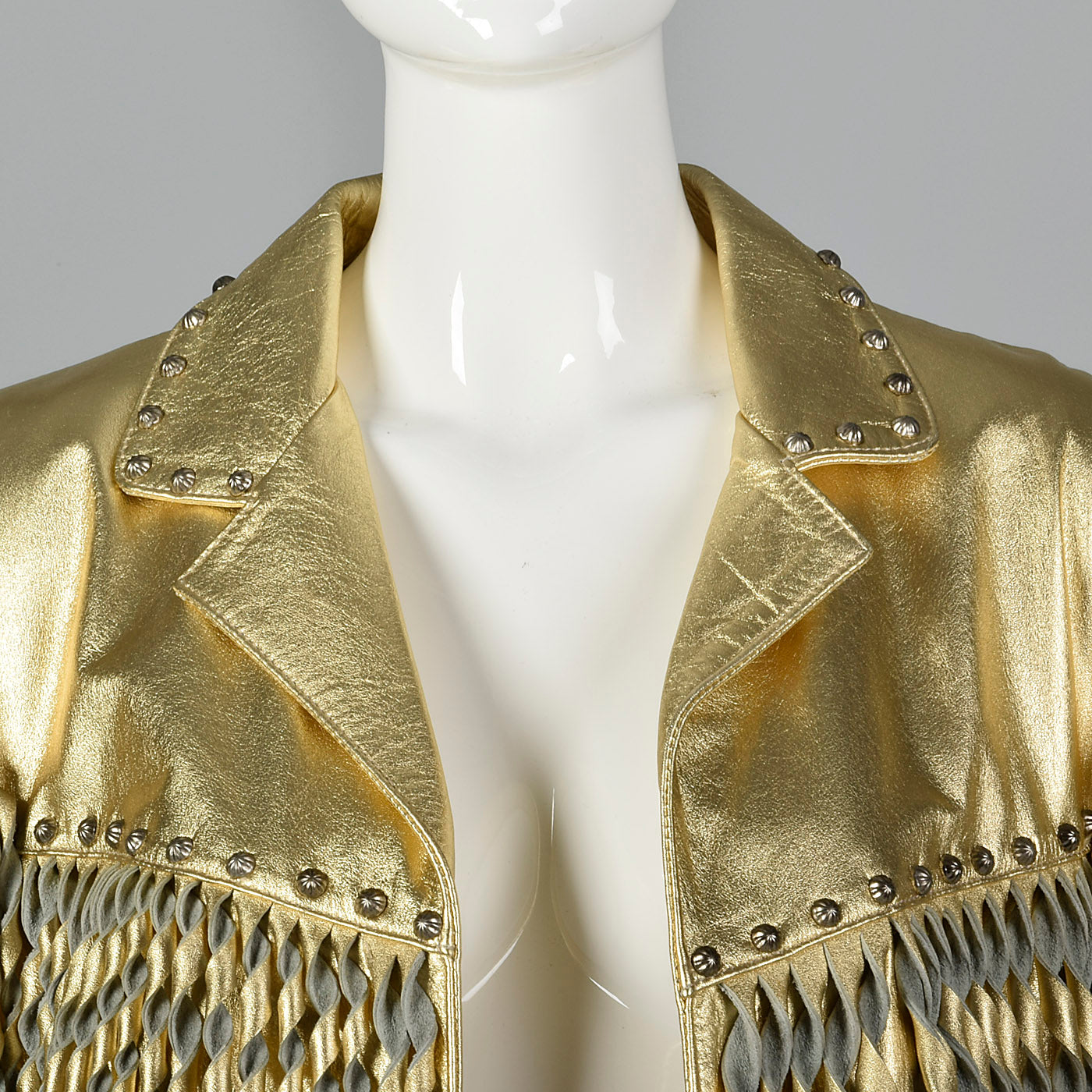 1980s Metallic Gold Leather Coat with Fringe Trim