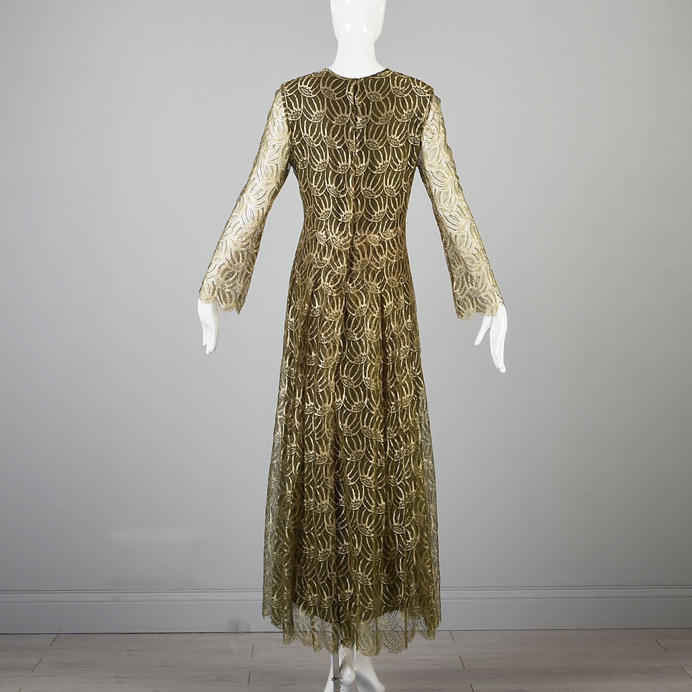 1960s Christian Dior Boutique Numbered Couture Gold Lace Gown