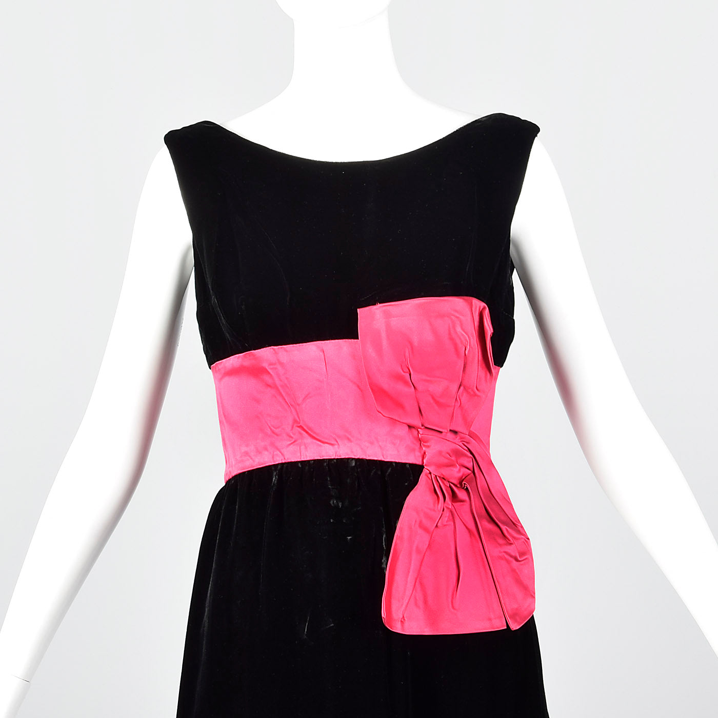 1960s Black Velvet Dress with Pink Cummerbund Waist