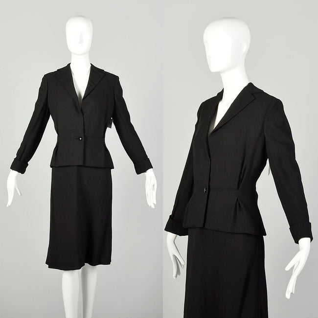 Medium 1970s Pauline Trigere Black Linen Skirt Set Sexy Jacket Classic Bias Cut Flirty Skirt