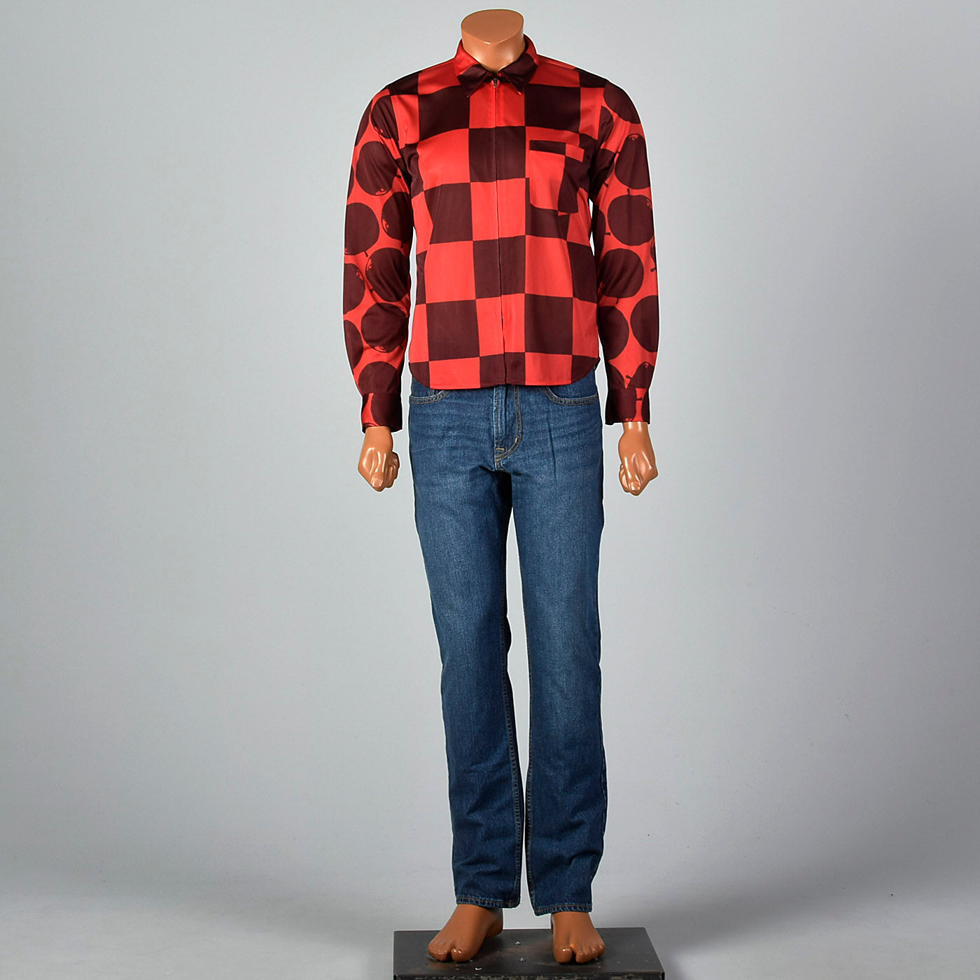 2000s Comme des Garcons Red Silky Apple and Check Print Shirt