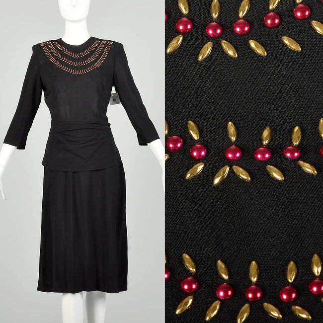 XS 1940s Little Black Dress Rayon Studs Quarter Length Sleeve