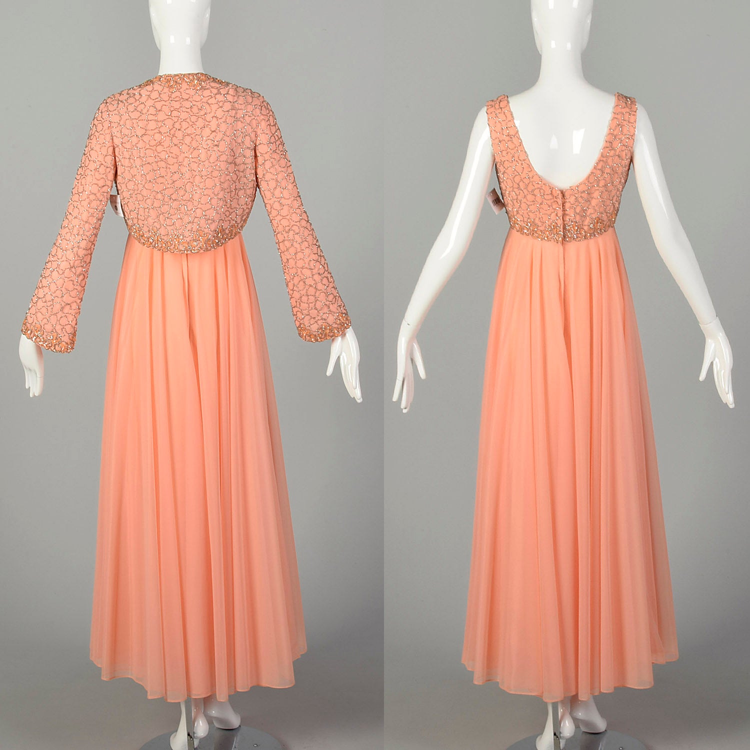 Small 1970s Mike Benet Set 2pc Orange Beaded Jacket Modest Maxi Prom Dress Formal Gown