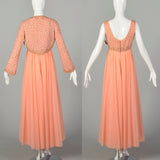 Small 1970s Mike Benet Set 2pc Orange Beaded Jacket Modest Maxi Prom Dress Formal Gown