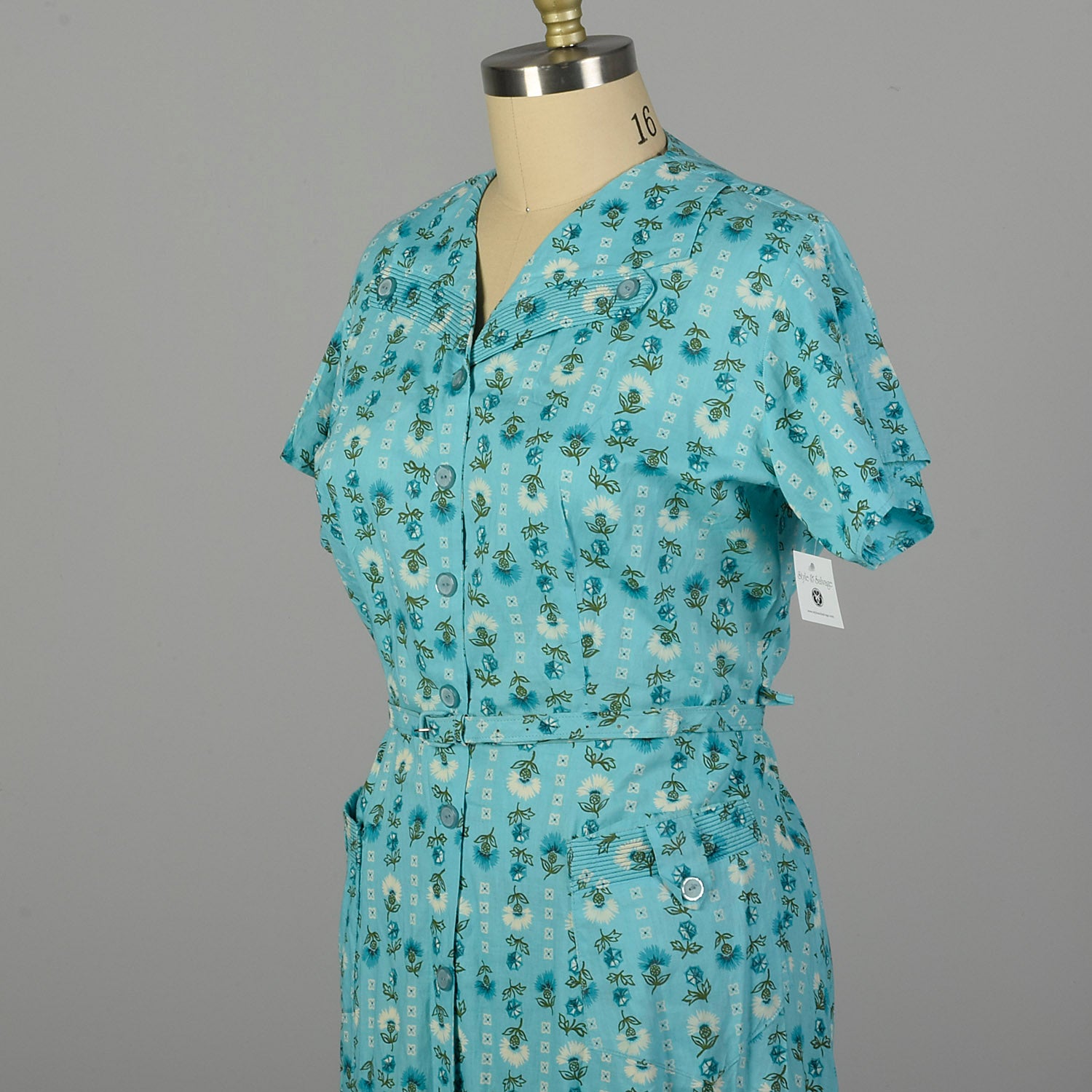 3XL 1950s Day Dress Blue Cotton Summer Novelty Print Volup Short Sleeve Casual