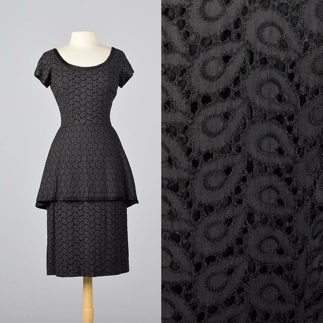 1950s Eyelet Overlay Dress with Large Peplum Waist