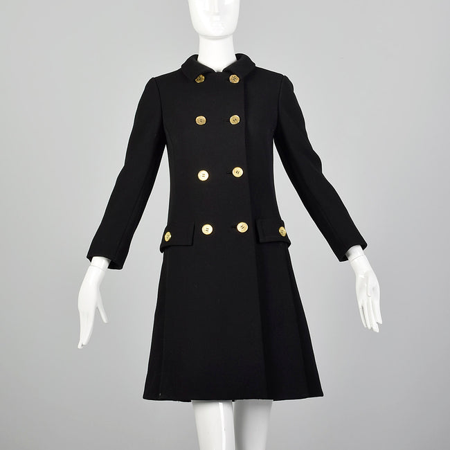 XXS 1960s Double-Breasted Black Wool Coat