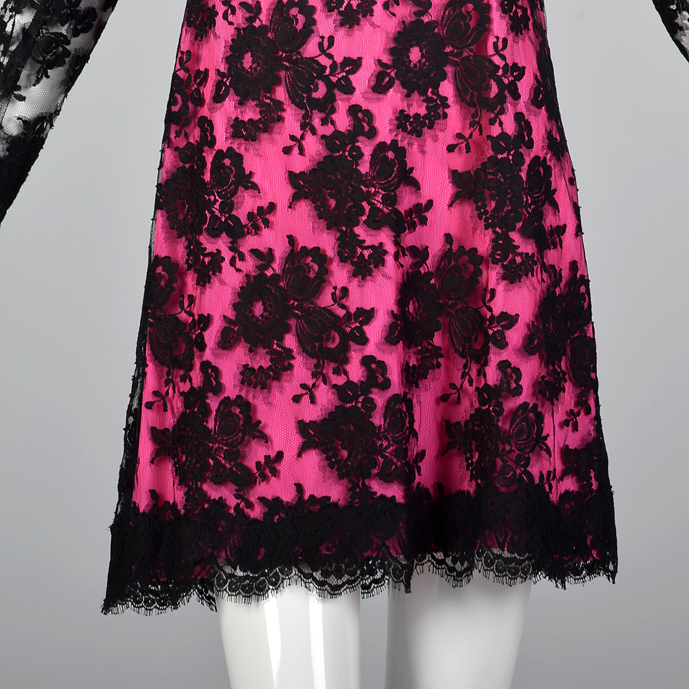 1980s Travilla Hot Pink and Black Lace Dress