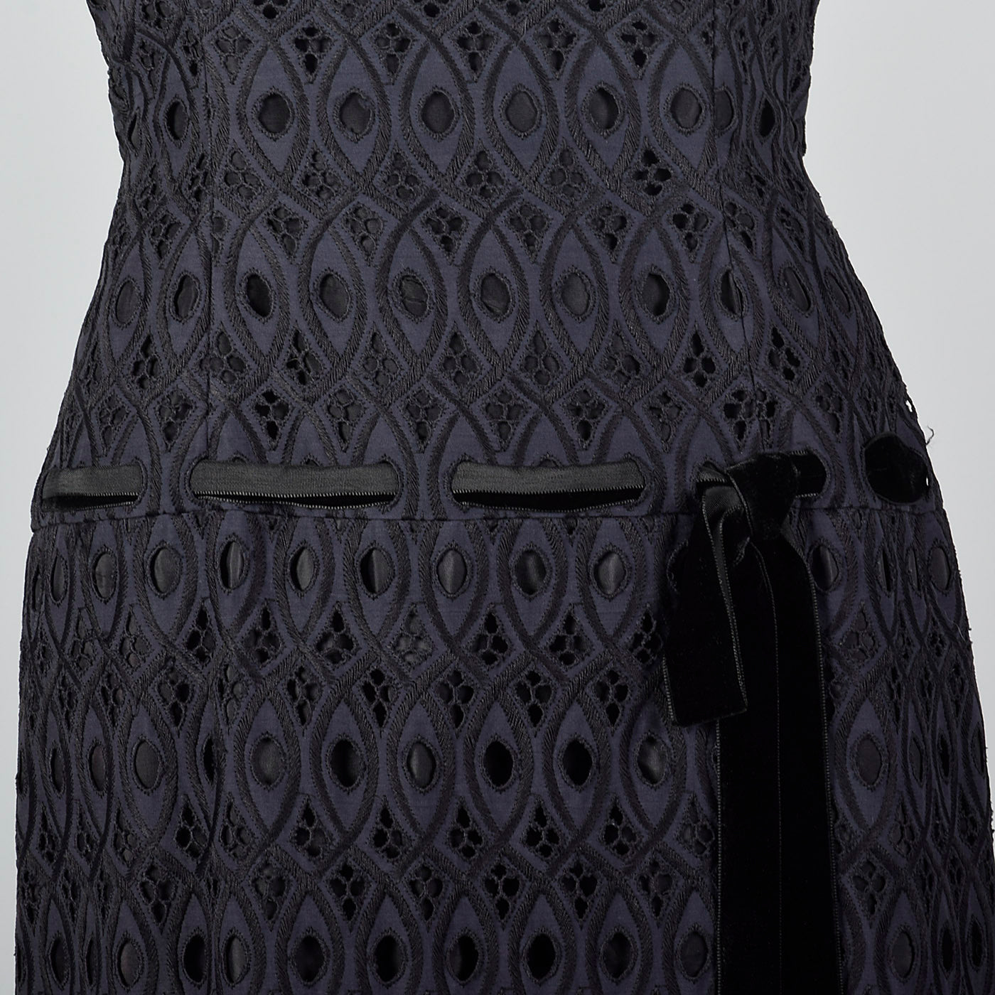 1950s Navy and Black Eyelet Dress with Drop Waist Illusion