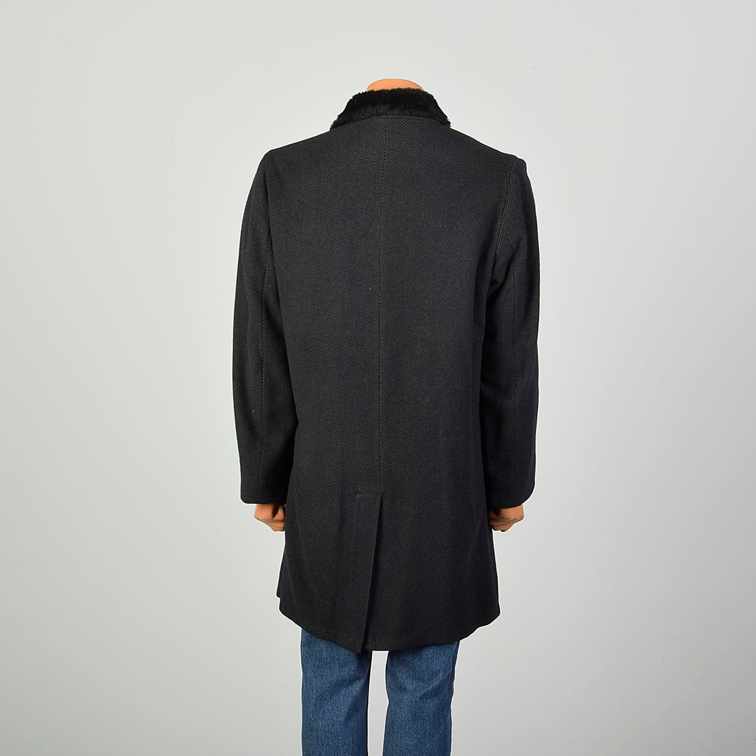 Large 1970s Coat Charcoal Black Faux Fur Double Breasted Winter
