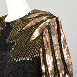 Medium 1990s Gold Black Cocktail Dress Keyhole Back Sequin Beaded Evening Party Chemise