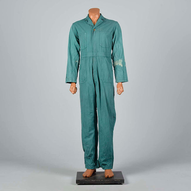 1940s Mens Green Herringbone Belted Workwear Coveralls