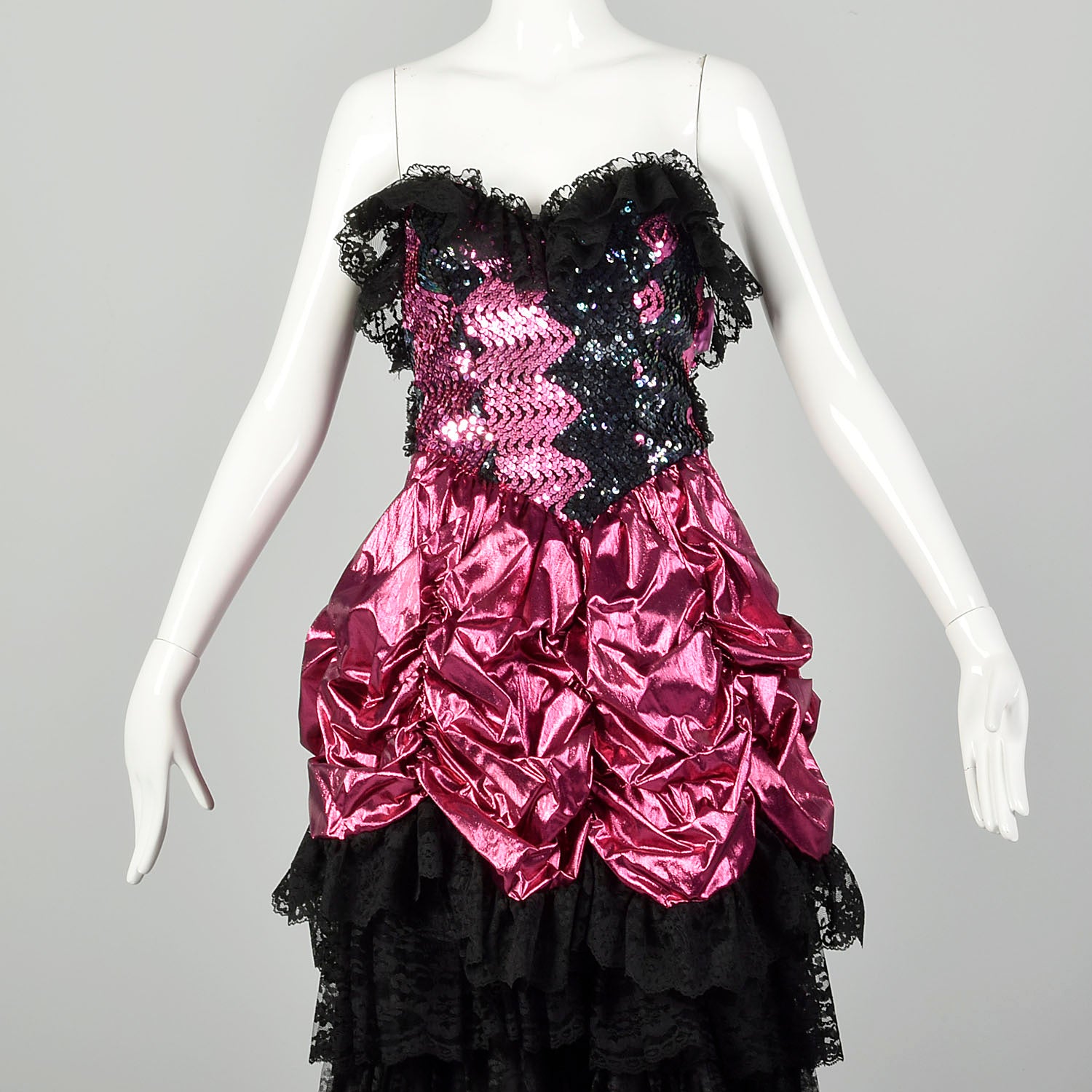 1980s Pink Prom Dress Saloon Girl Strapless Lame Gown Black Lace Sequins