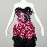 1980s Pink Prom Dress Saloon Girl Strapless Lame Gown Black Lace Sequins