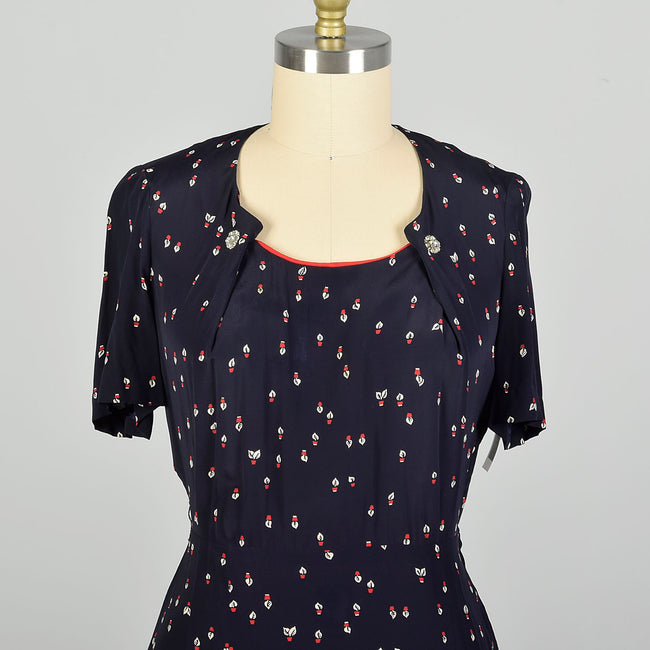 XL 1950s Dress Novelty Flower Print Navy Casual Summer Dress