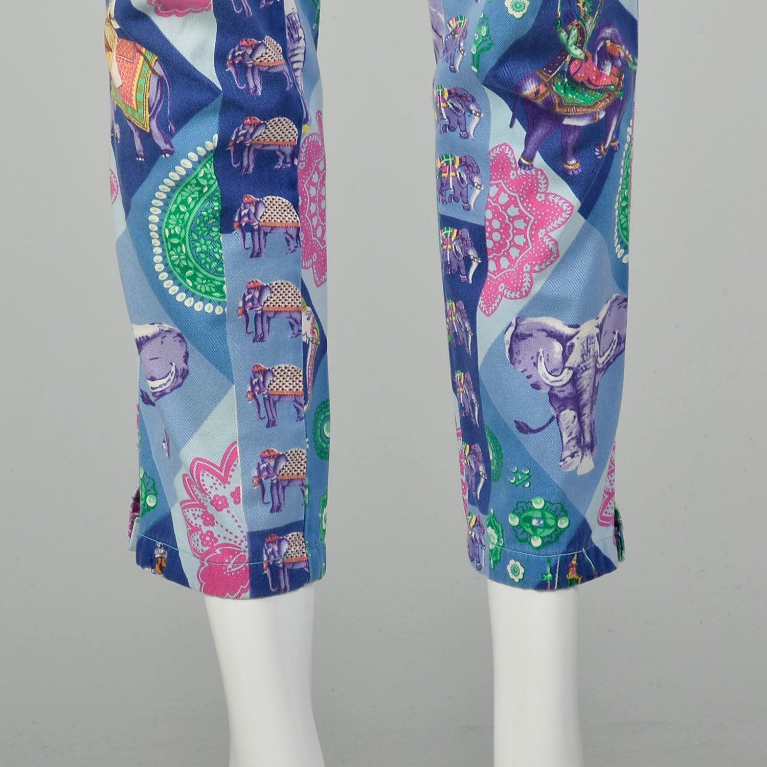 Small 1990s Versace Pants Couture Designer Purple Elephant Print Skinny Jeans Vintage