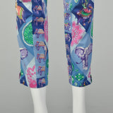 Small 1990s Versace Pants Couture Designer Purple Elephant Print Skinny Jeans Vintage
