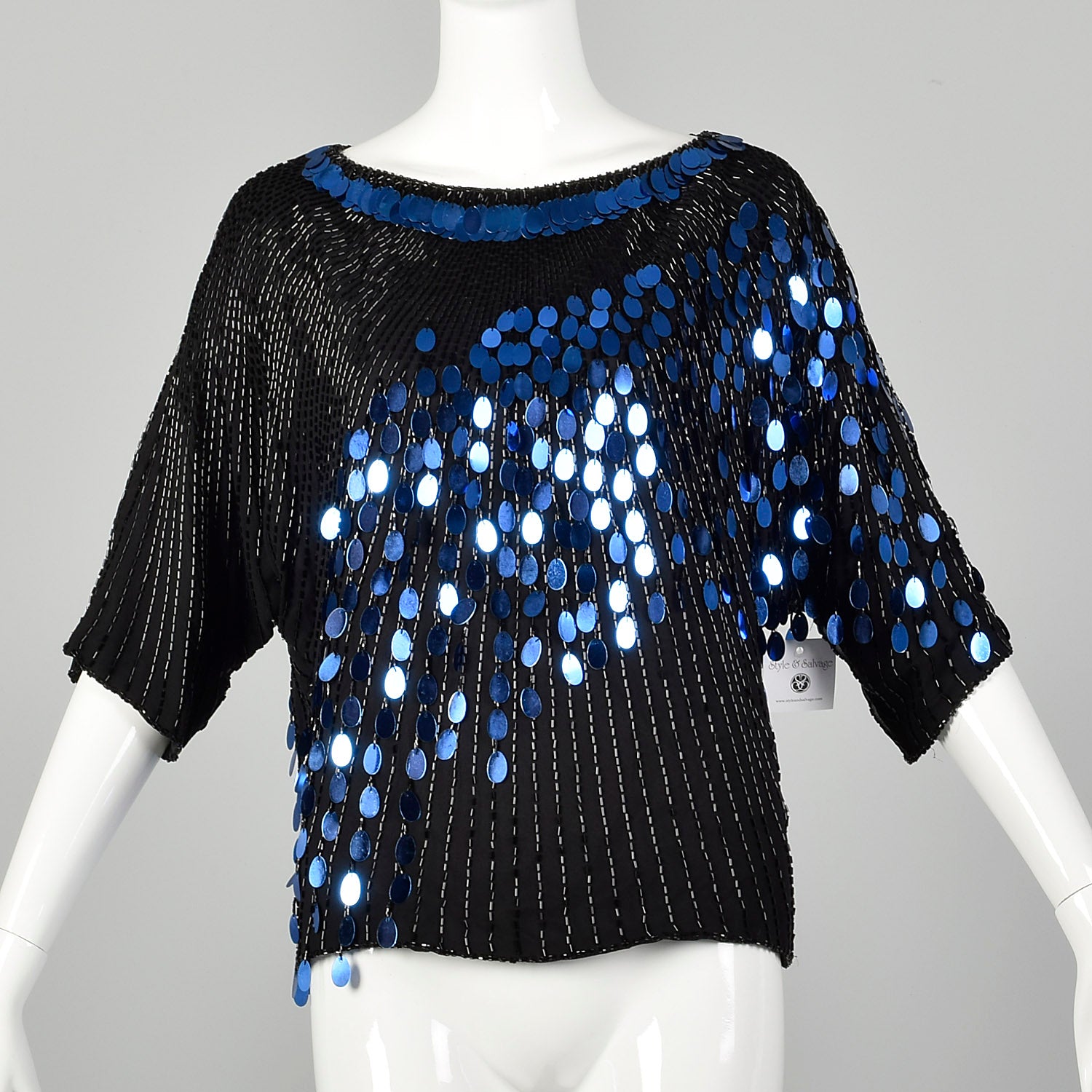 Medium 1980s Black and Blue Dolman Top Beaded Sequin Paillettes