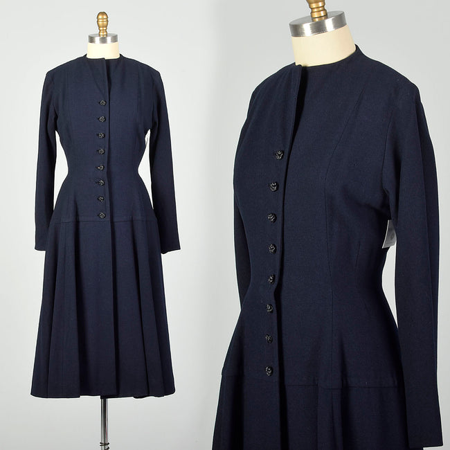 XXS 1950s Navy Blue Princess Coat Hourglass Coat Dress Winter Weight Wool