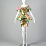XS 1980s Floral Metallic Peplum Dress