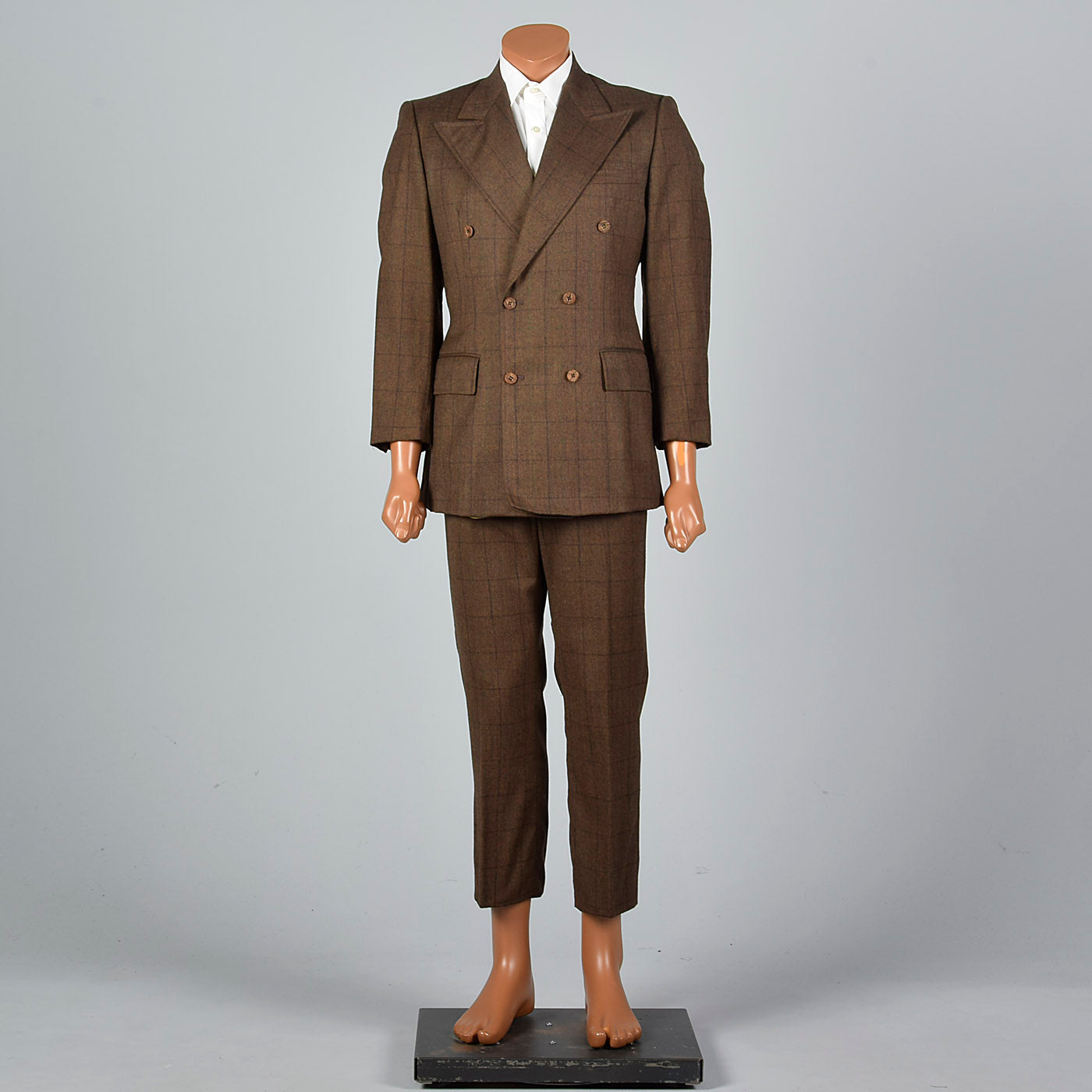 1970s Mens Brown Wool Windowpane Suit