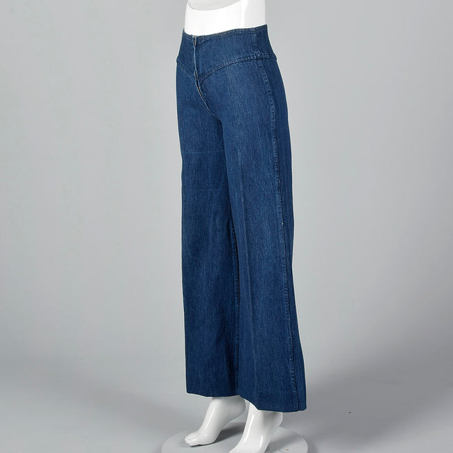 1970s Zip Front Bell Bottoms Cotton Denim