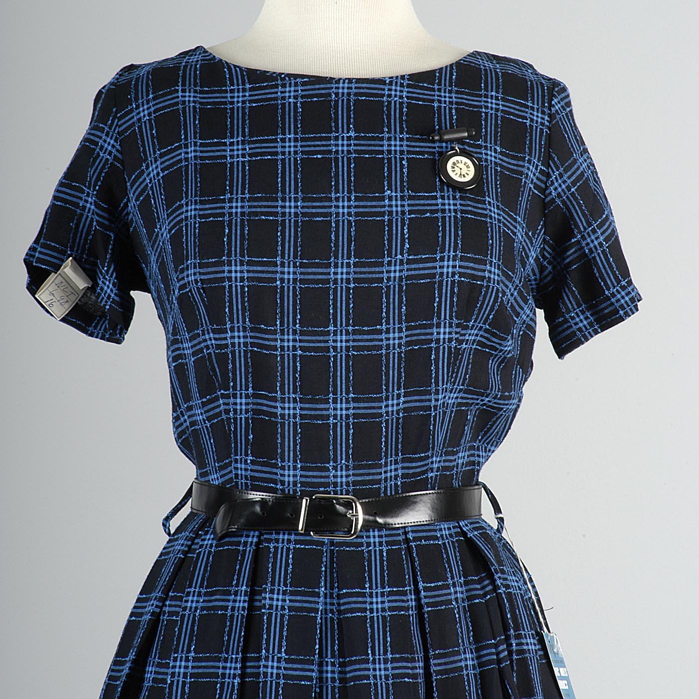 1950s Black Party Dress with Blue Windowpane Plaid