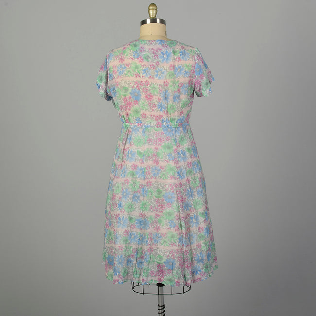 XXL 1950s Day Dress Lightweight Semi-Sheer Short Sleeve Floral Summer Casual