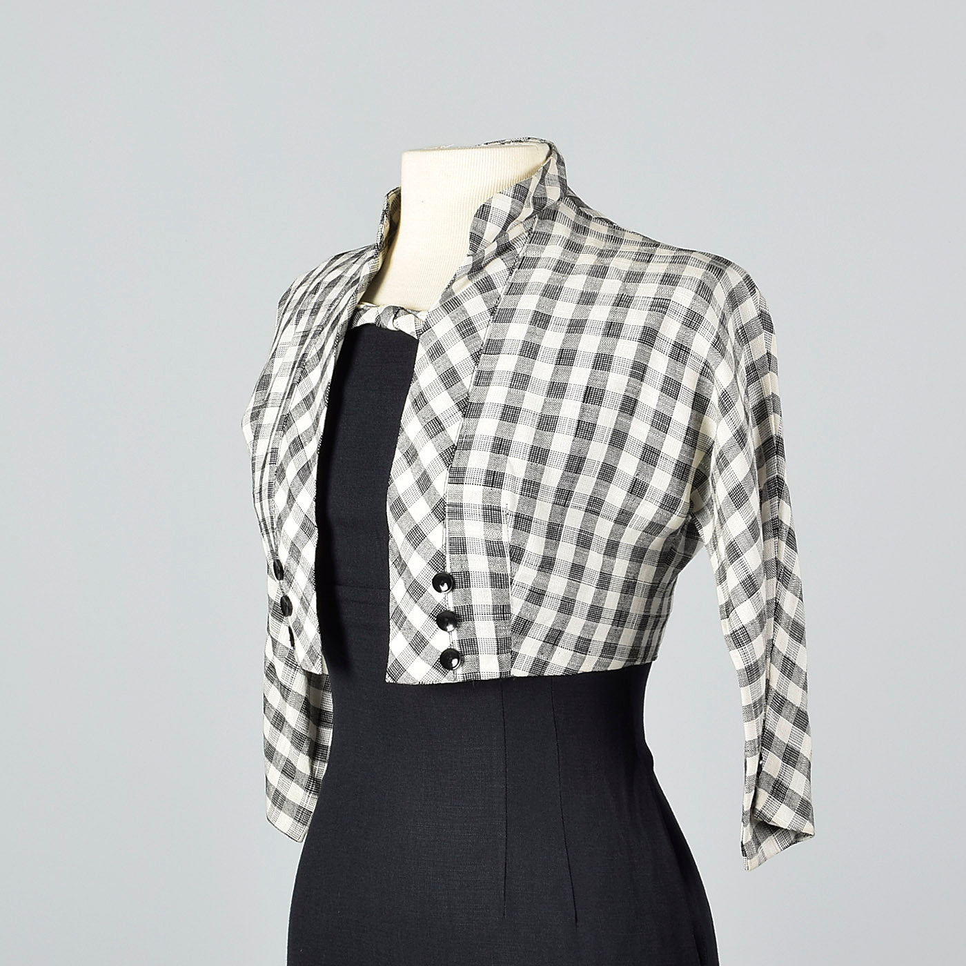 1950s Black Wiggle Dress with Gingham Trim and Jacket