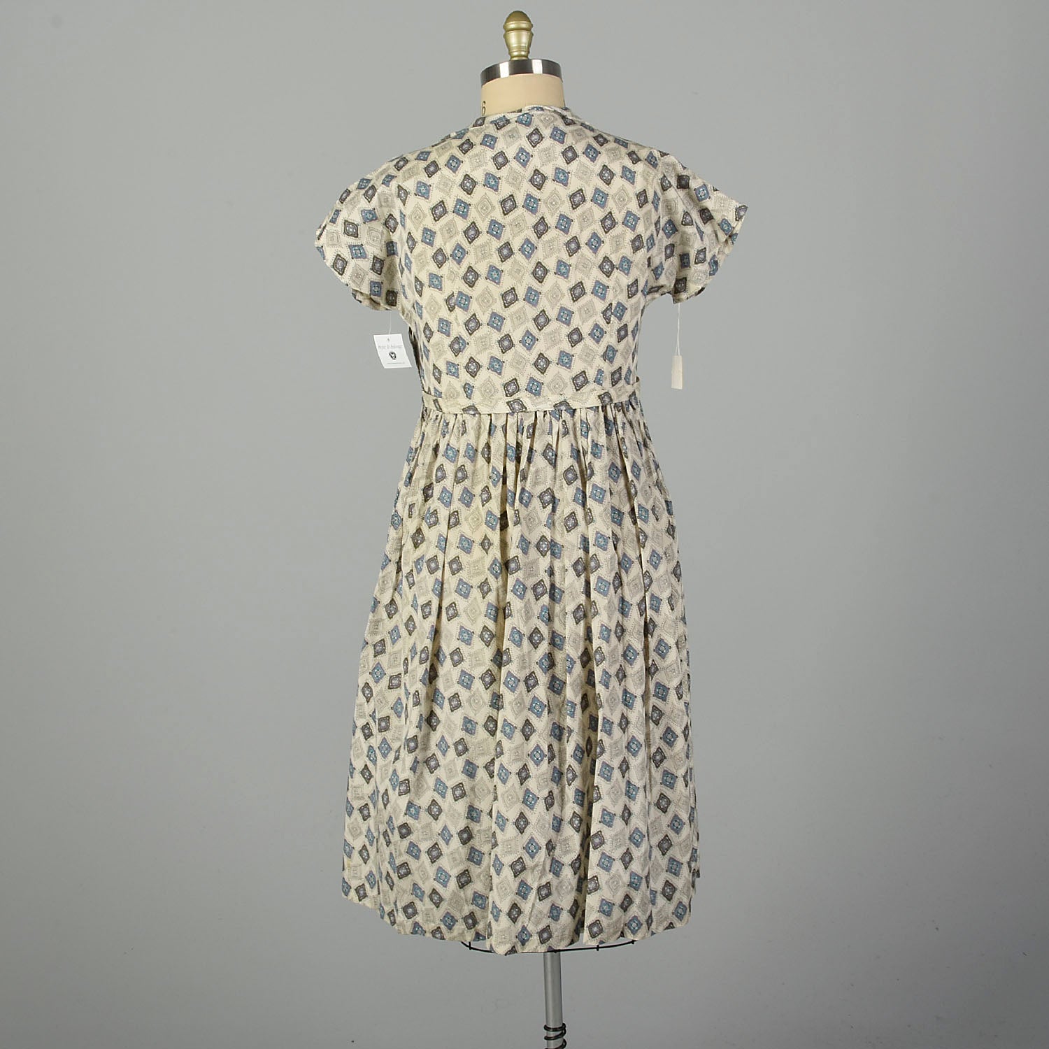 XL 1950s Deadstock Day Dress Blue Print Cotton Short Sleeve Casual