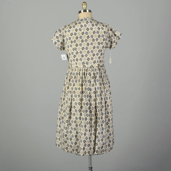 XL 1950s Deadstock Day Dress Blue Print Cotton Short Sleeve Casual