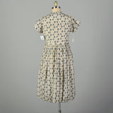 XL 1950s Deadstock Day Dress Blue Print Cotton Short Sleeve Casual
