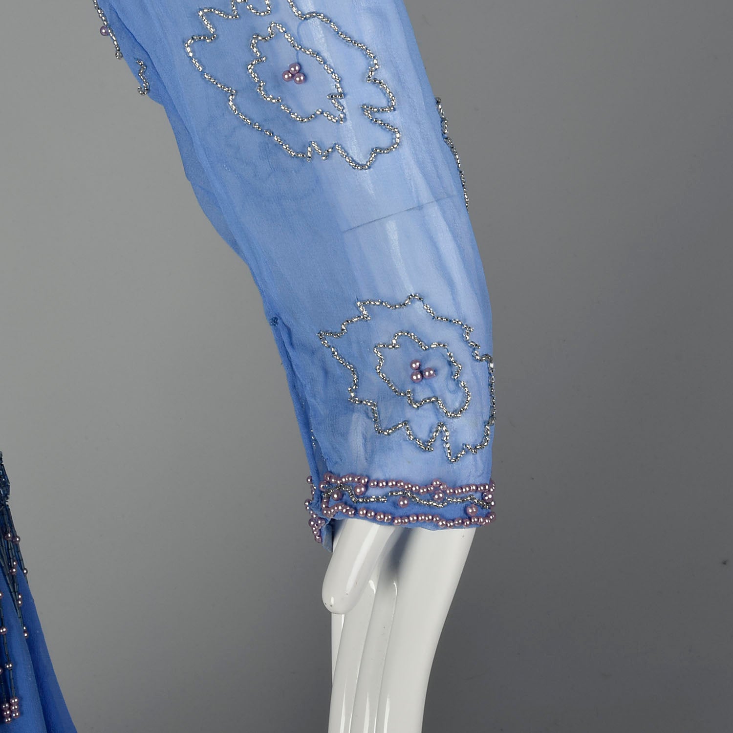 1980s Blue Silk Evening Gown Beaded Formal Dress Modest Drop Waist