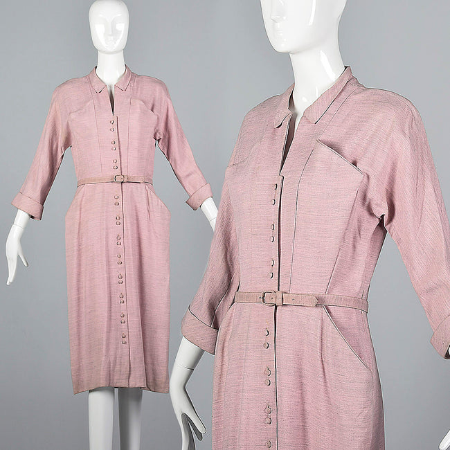 1950s Pink Wool Gabardine Day Dress