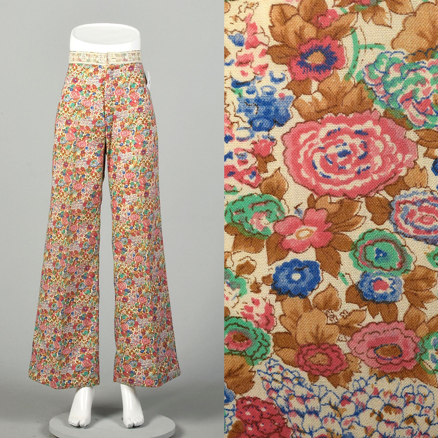 XS 1970s Pants Flower Print Bohemian Hippie Wide Leg Bell Bottoms