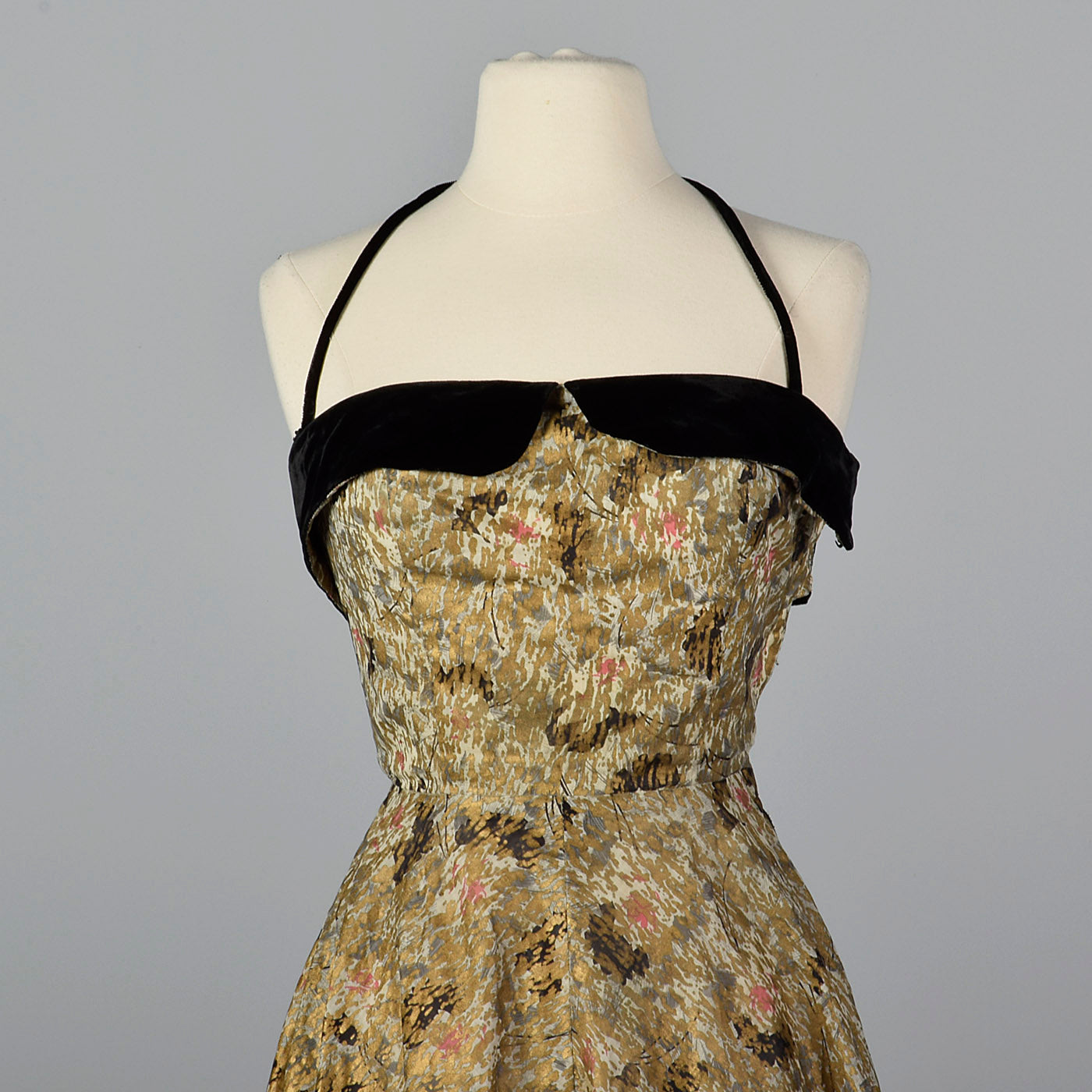 1940s Halter Dress with Abstract Gold Silkscreen Print