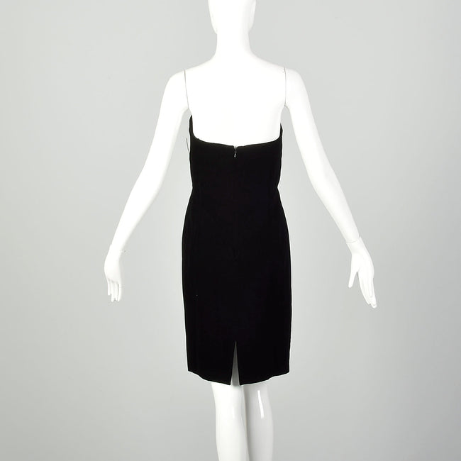 Large 1990s Oleg Cassini Black Tie Dress Velvet Beaded Strapless Cocktail Mini